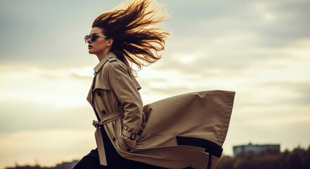 Powerful and confident young woman in a trench coat with her hair blowing dramatically in the wind against a cloudy sky