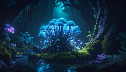 Bioluminescent mushrooms illuminate a mystical nocturnal forest, casting an ethereal blue glow over ancient trees and tranquil waters, creating a serene and enchanted fantasy landscape