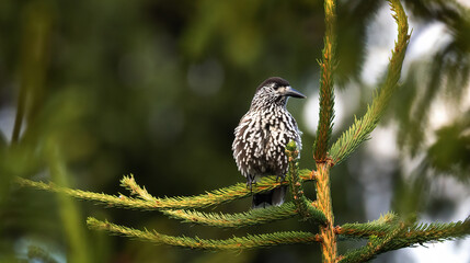 Nucifraga caryocatactes sitting on a tree branch and resting.