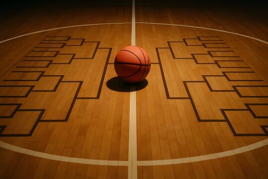 A basketball sits in the center of the court, its shadow forming a March Madness tournament bracket.