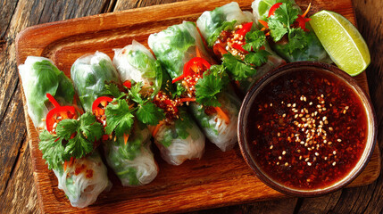 Fresh vegan spring rolls with vibrant herbs and spicy dipping sauce create delightful culinary experience