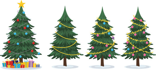 Christmas tree collection, festive holiday decorations, winter celebration, seasonal ornaments, colorful lights, wrapped gifts, garlands, baubles, stars, Christmas illustration