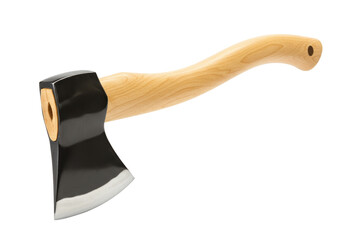 Isolated axe with wooden handle ready to cut wood for firewood and chopping trees outdoors