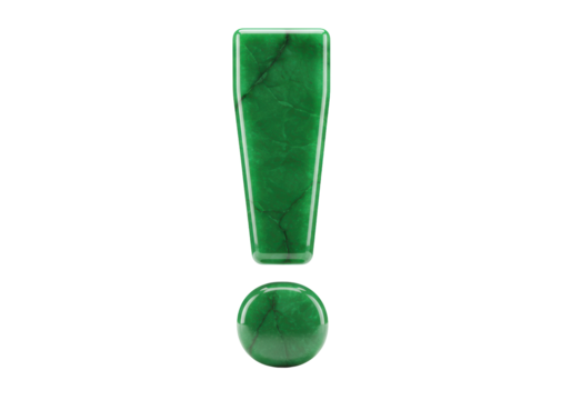 Isolated vivid green jade stone exclamation mark, typography, writing, punctuation, idea