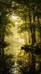 Obraz premium mirror. A tranquil forest scene mirrored in a still lake under golden sunlight filtering through trees. travel magazines, destination branding, designed for outdoor magazines and nature guides.