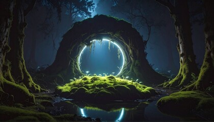 A captivating blue glow casts an otherworldly aura over an ancient, moss-laden forest, illuminating a mysterious portal to an enchanted realm, inviting contemplation and wonder