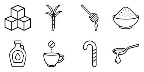 Sweetener line icons with sugar cubes, cane, honey, syrup, candy cane, tea with sugar, bowl of sugar, outline vector