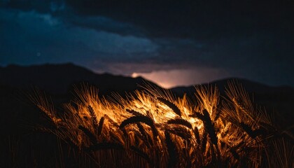 Illuminated golden ears of wheat stand out in a dark field during a dramatic thunderstorm with lightning in the sky