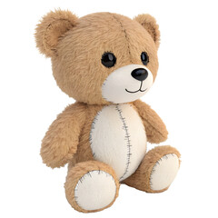 Cute fluffy teddy bear with stitched belly on black background