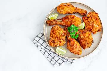crispy fried chicken served on a rustic plate,, healthier cooking style with minimal oil. Healthy eating, protein-rich meals, comfort food, and gourmet chicken dishes.