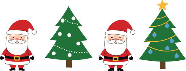 Santa Claus with Christmas tree, festive holiday decorations, winter celebration, seasonal ornaments, colorful lights, garlands, baubles, stars, Christmas illustration