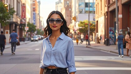 Obraz premium Stylish smart glasses on someone walking in the city, blending casual modern street style with futuristic eyewear design and subtle wearable tech for an urban lifestyle look.