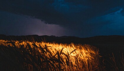 Golden wheat field illuminated by lightning under a stormy, dark sky