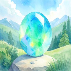 A vibrant, gem-like oval sits on a rock, with mountains and trees in the background
