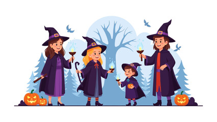 Halloween Witch's Gathering: A whimsical illustration captures a group of young witches, bedecked in classic attire and holding flickering lanterns, ready for a night of spellbinding festivities.