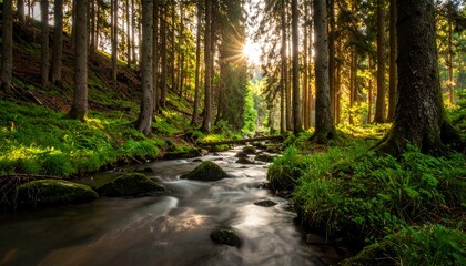 Obraz premium Golden Silence: Sunlit Stream Winding Through Mossy Forest Sanctuary