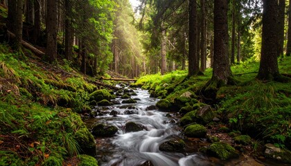 Fototapeta premium Whispers of the Woods: Clear Stream Cascading Through Sunlit Forest