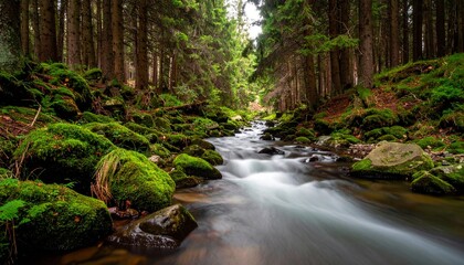 Fototapeta premium Tranquil Wilderness: Silken Stream Flowing Through Mossy Forest