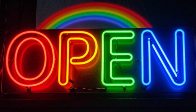 A glowing neon "OPEN" sign in red, green, and blue, radiating a warm welcome and new possibilities, brilliantly illuminated beneath a vibrant, colorful rainbow arc