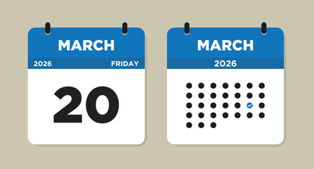 March 20 2026 Friday Calendar Vector Illustration. 20 March calendar page. Day calendar with date March 20. Week Starts on Sunday. Checklist day calendar. Modern Calendar template icon