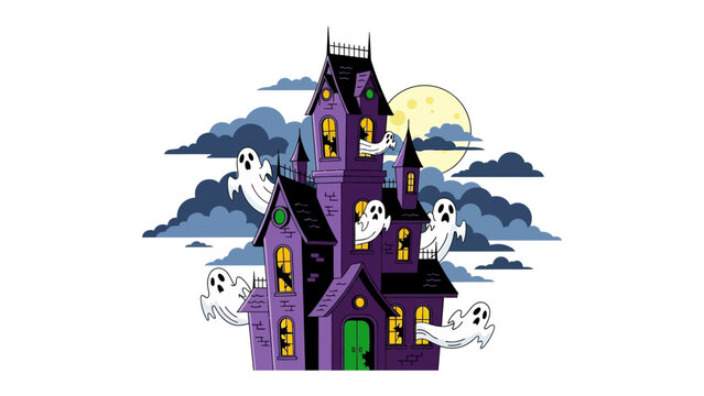 Spooky House Illustration: An eerie house with a full moon backdrop and specters floating, capturing the Halloween atmosphere.