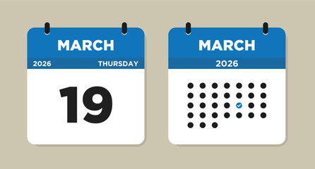 March 19 2026 Thursday Calendar Vector Illustration. 19 March calendar page. Day calendar with date March 19. Week Starts on Sunday. Checklist day calendar. Modern Calendar template icon