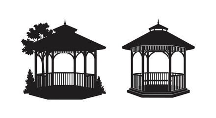 Naklejka premium Two black silhouettes of ornate garden gazebos with tree detail