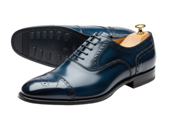 Isolated new elegant blue leather Oxford shoes, formal footwear for men, dress shoes