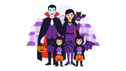 Halloween Family Adventure: A family dressed in Halloween costumes stands outside a house, ready to celebrate the holiday. The scene exudes spooky fun and festive spirit.