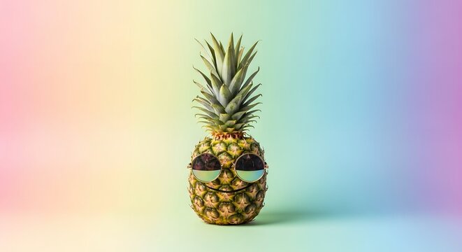Pineapple Wearing Mini Sunglasses on Pastel Rainbow Gradient – Tropical Fun Concept - Powered by Adobe