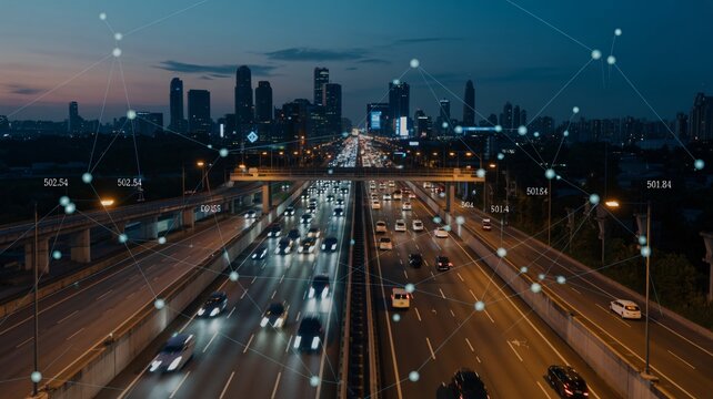 Connected city highway traffic at night with digital network overlay