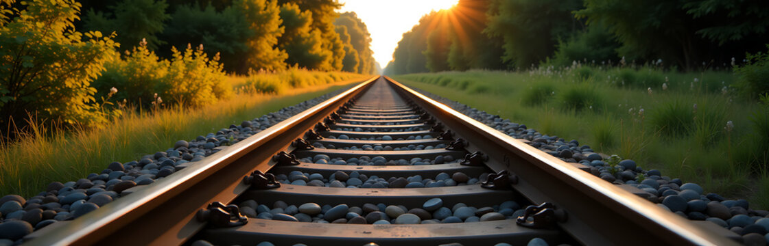 rugged railroad track stretches deliberate disarray worn steel beams intersecting obtuse angles amidst backdrop overgrown