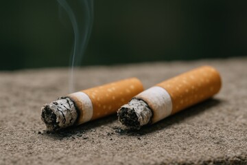 Obraz premium Smoldering Cigarette Butts on Concrete Surface: Addiction, Health Concerns, and the Detrimental Effects of Smoking
