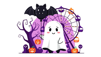 Spooky Ambiance: A friendly ghost and charming scene are set against the backdrop of a playful carnival, with whimsical elements.