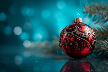 Advertising photo of a shiny, decorated red Christmas ball, on a flat, deep cyan blue limbo background, reflections on the floor, pine needles and Christmas trees visible in the background. horizontal
