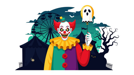 Evil Clown's Carnival Night: A frightening clown, illuminated against a carnival setting, wields a ghostly companion as eerie clouds drift above.