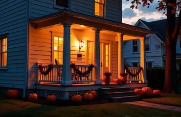quaint front porch bathed soft golden light surrounded festive halloween decorations twilight falls autumnal