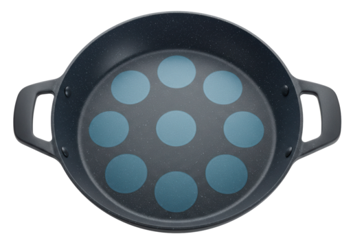 Isolated pancake pan or paella pan with seven round wells for cooking different foods