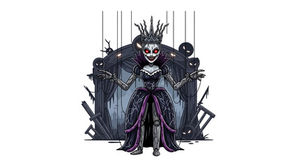 Sinister puppet queen: A spooky puppet queen with menacing eyes stands, the dark presence evoking a sense of fear, mystery, and foreboding.