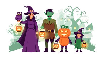 Halloween Gathering: A whimsical illustration of a group of costumed figures, including a witch, a goblin, and a pumpkin, enjoying a spooky celebration, capturing the essence of Halloween spirit.