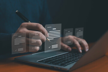 Businessman signing digital contract on laptop with virtual documents, concept of electronic signature, online approval, paperless workflow, legal agreement, compliance, and secure business process.