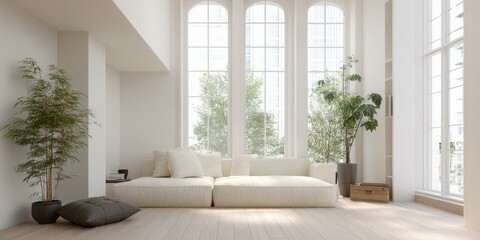 Fototapeta premium Bright Modern Living Room Interior with Natural Light and Minimalist Beige Couch, Plants, Large Windows