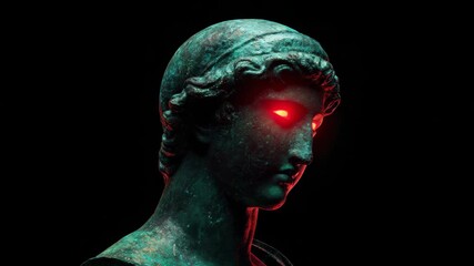 Weathered classical statue bust with glowing red eyes, surreal digital art style, isolated on black background, concept of mysticism and power - Powered by Adobe