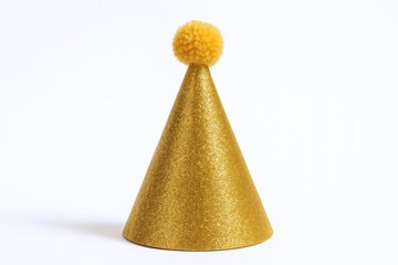 Festive Gold Party Hat with Pom-Pom, Celebrating Special Occasions on a White Background, Ready for Celebratory Events