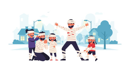 A Family's Halloween: a happy family in costume and in character, celebrates the Halloween holiday outdoors.