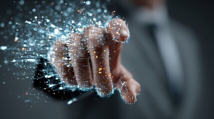 Man touches digital data stream with his finger, navigating virtual reality and futuristic interface, with a modern tech feel