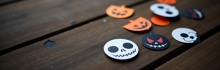 Obraz premium playful collection miniature halloween stickers vibrant colors dimly lit wooden background captured angle