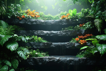 Waterfall cascading in jungle surrounded by lush flowers and plants.
