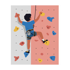 a child wearing a safety harness and climbing shoes, reaching for a colorful hold on an artificial rock climbing wall, 