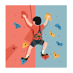 a child wearing a safety harness and climbing shoes, reaching for a colorful hold on an artificial rock climbing wall, 